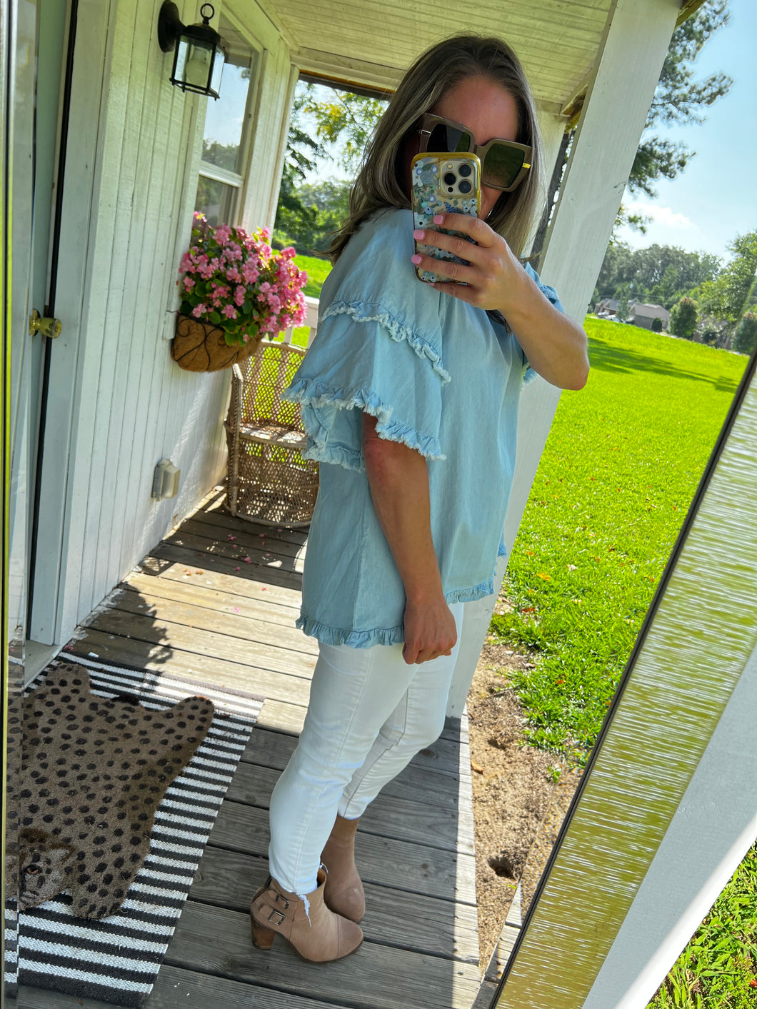 Chambray All Day Ruffle Sleeve Top
