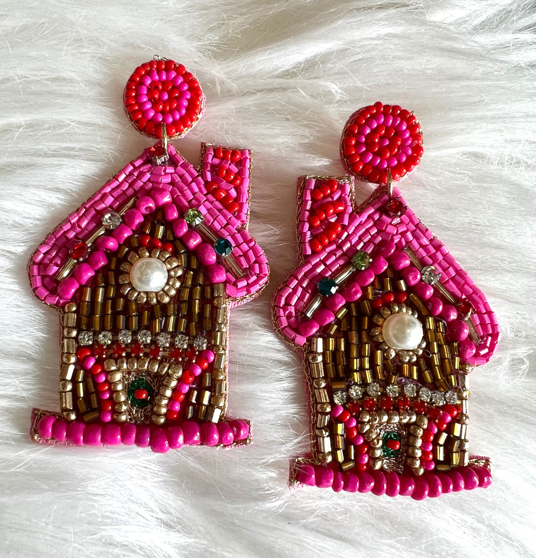 Pink Gingerbread House Seed Bead Earrings