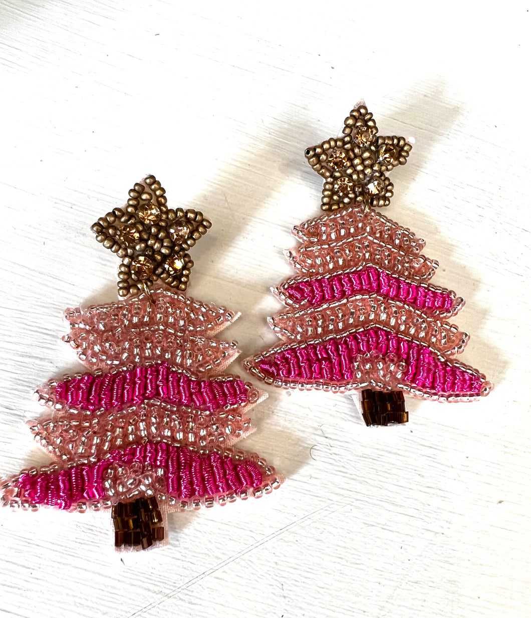 Pink Christmas Tree Seed Bead Earrings