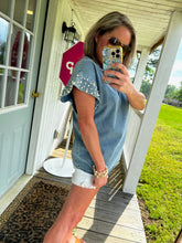 Load image into Gallery viewer, Denim and Pearls Embellished Top
