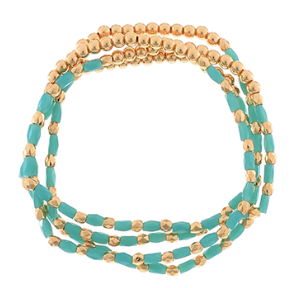 Turquoise and Gold 4 Row Seed Bead Bracelet Set
